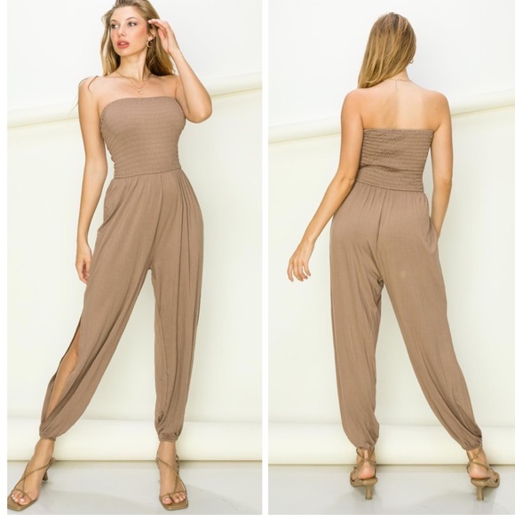 Pants - Mocha Smocked Tube with Split Hem Jumpsuit